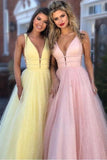 A-Line Deep V-Neck Sweep Train Pink Tulle Backless Prom Dress with Beading PG878 - Pgmdress
