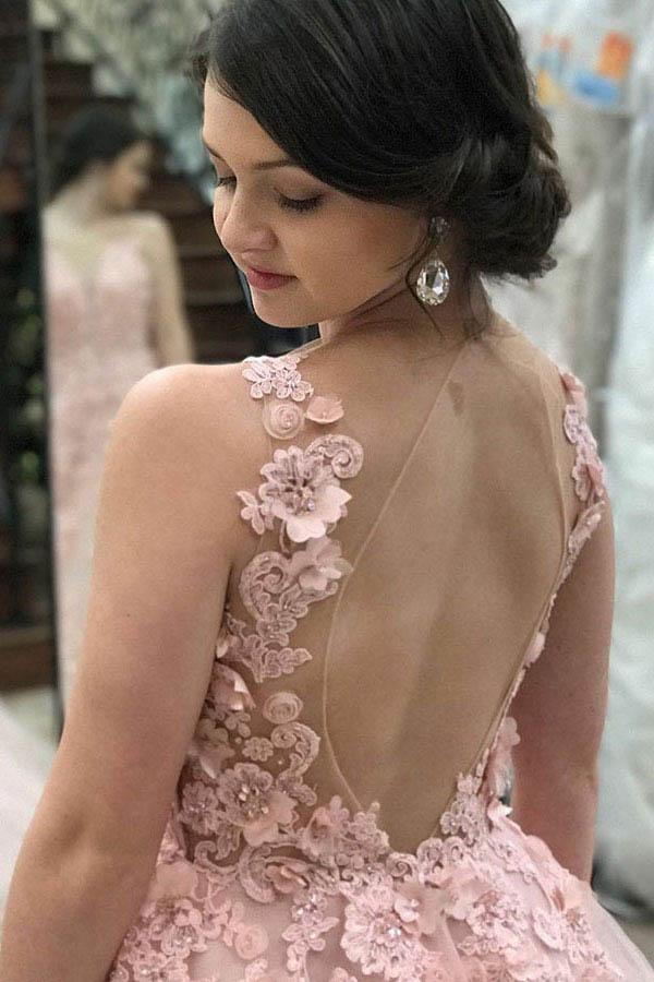 A-Line Deep V-Neck Sweep Train Pink Tulle Open Back Prom Dress with Appliques PG880 - Pgmdress