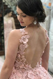 A-Line Deep V-Neck Sweep Train Pink Tulle Open Back Prom Dress with Appliques PG880 - Pgmdress