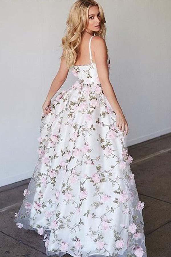 A-Line Deep V-Neck Sweep Train Pink Tulle Prom Dress with Flowers PG777 - Pgmdress