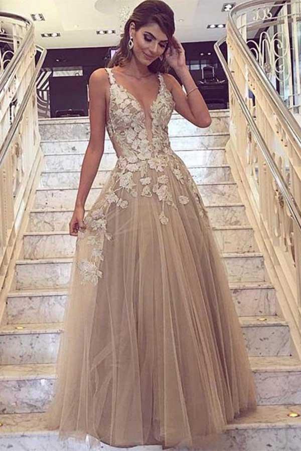 A-Line Deep V-Neck Tulle Prom Dress with Lace Appliques PG729 US6 / Custom Color A-Line Deep V-Neck Tulle Prom Dress with Lace Appliques PG729 US6 / Custom Color
