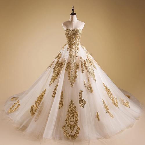 A line Evening Dress Lace Quinceanera Prom Dresses with Gold Appliques PG703 - Pgmdress