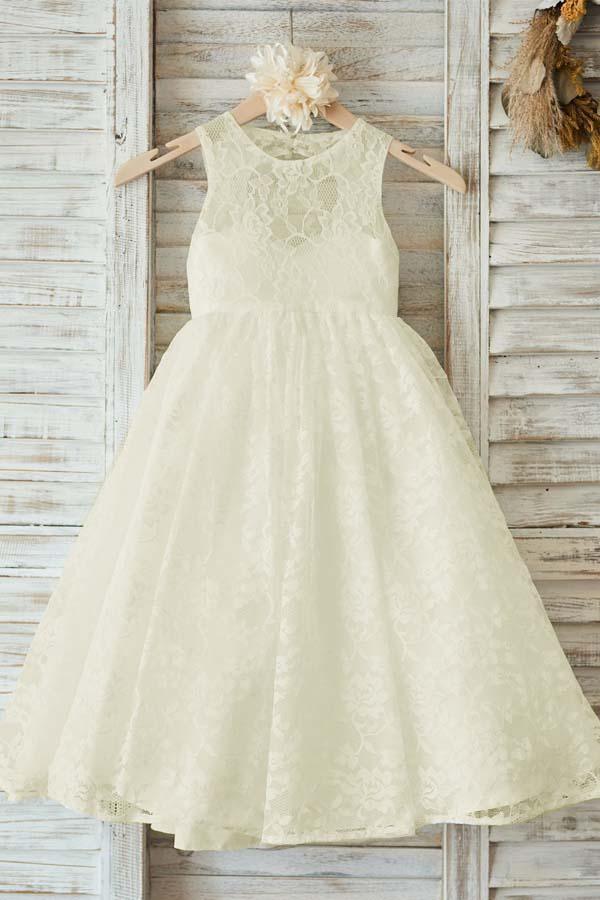 A-Line Floor-Length Open Back Beige Sleeveless Lace Flower Girl Dress FL01 - Pgmdress