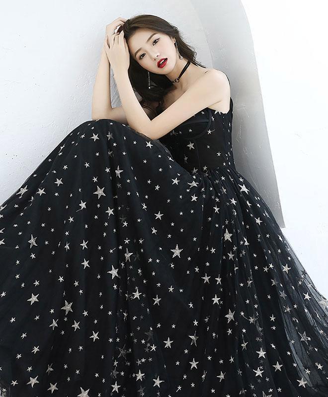 A-line Star Lace Beautiful Chic Black Long Prom Dress PSK173-Pgmdress