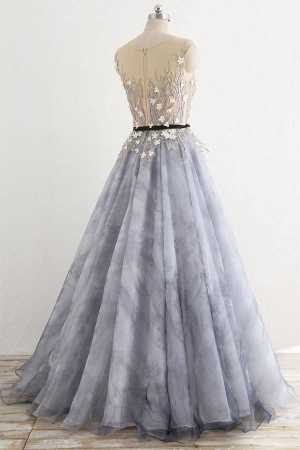 A-line Gray Rround Neck Tulle Long Prom Dress Grey Evening Dress PSK010 - Pgmdress