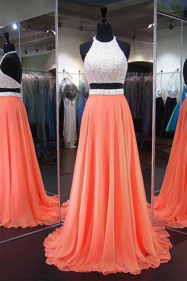 A-line Halter Chiffon Sweep Train Backless Two Piece Prom Dresses PG386 - Pgmdress