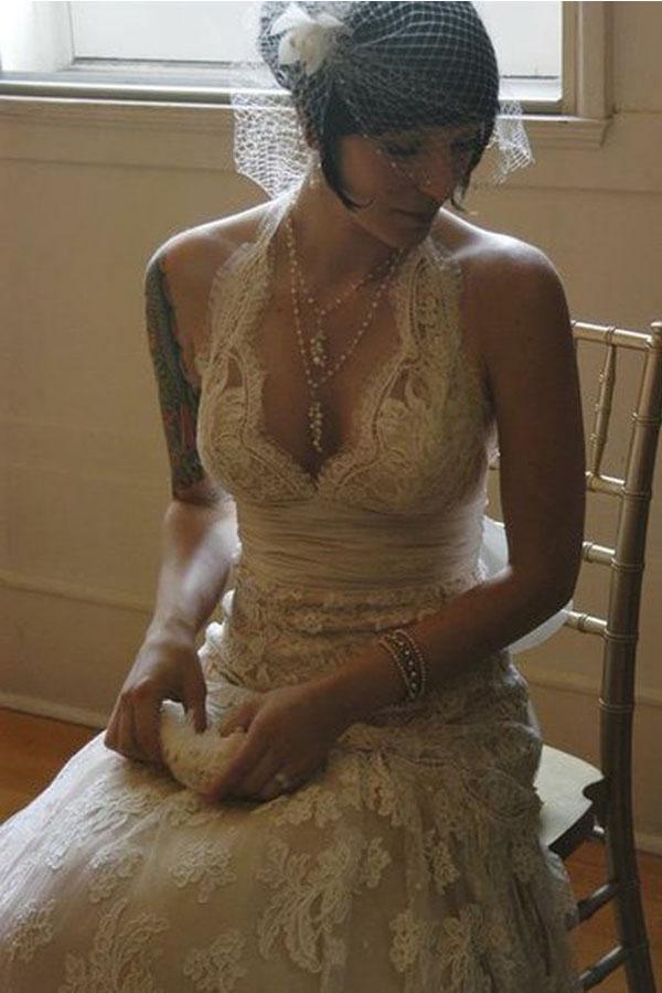 A-line Halter Neck Backless Bow Lace Wedding Dress with Court Train WD405 - Pgmdress