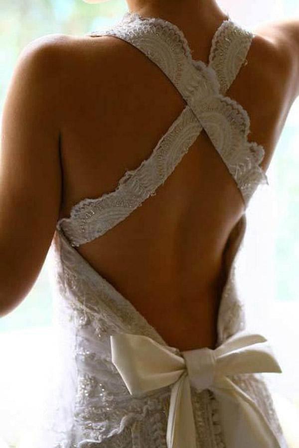 A-line Halter Neck Backless Bow Lace Wedding Dress with Court Train WD405 - Pgmdress