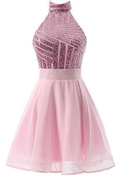 A-Line Halter Short Pink Chiffon Homecoming Dress with Sequins PD064 US14 / Pink A-Line Halter Short Pink Chiffon Homecoming Dress with Sequins PD064 US14 / Pink