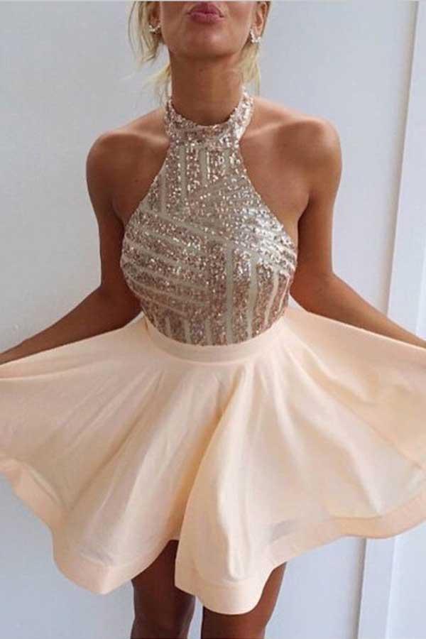 A-Line Halter Short Pink Chiffon Homecoming Dress with Sequins PD064 US2 / Custom Color A-Line Halter Short Pink Chiffon Homecoming Dress with Sequins PD064 US2 / Custom Color