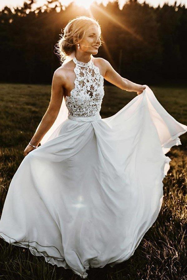 A-Line Halter Sleeveless Chiffon Long Beach Wedding Dress with Lace WD304 - Pgmdress