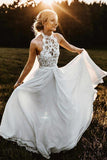 A-Line Halter Sleeveless Chiffon Long Beach Wedding Dress with Lace WD304 - Pgmdress