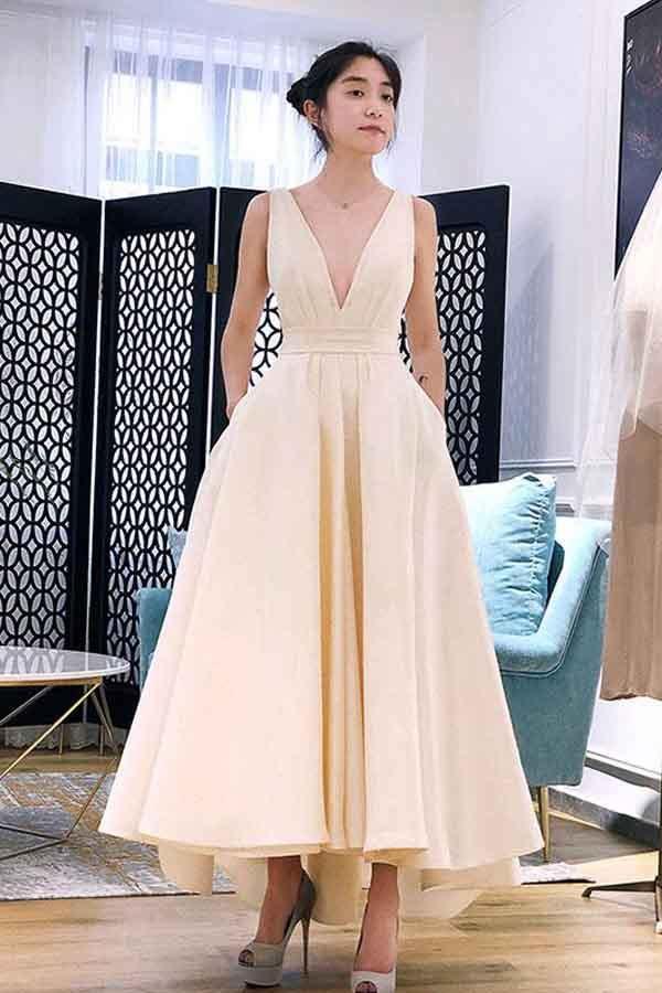 A-line High Low V Neck Tea Length Prom Dress Party Dress PG667 Custom Size / Champagne A-line High Low V Neck Tea Length Prom Dress Party Dress PG667 Custom Size / Champagne