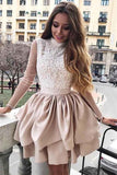 A-Line High Neck Long sleeves Homecoming Dress with Appliques Sleeves PD117