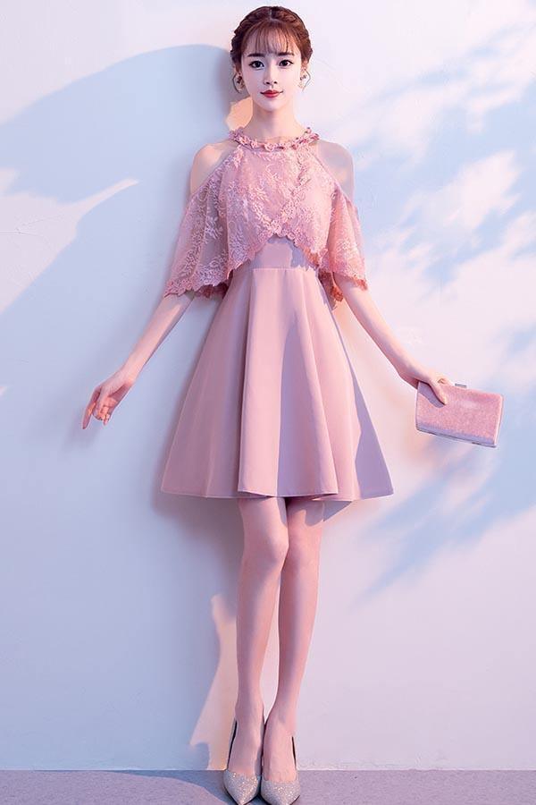 A-line High Neck Satin Pink Homecoming Dresses Party Dresses PD089 - Pgmdress