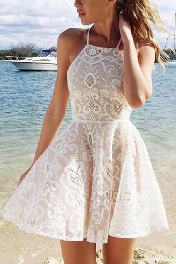 A-line Ivory Criss-Cross Straps Lace Sleeveless Homecoming Dress PD015 - Pgmdress