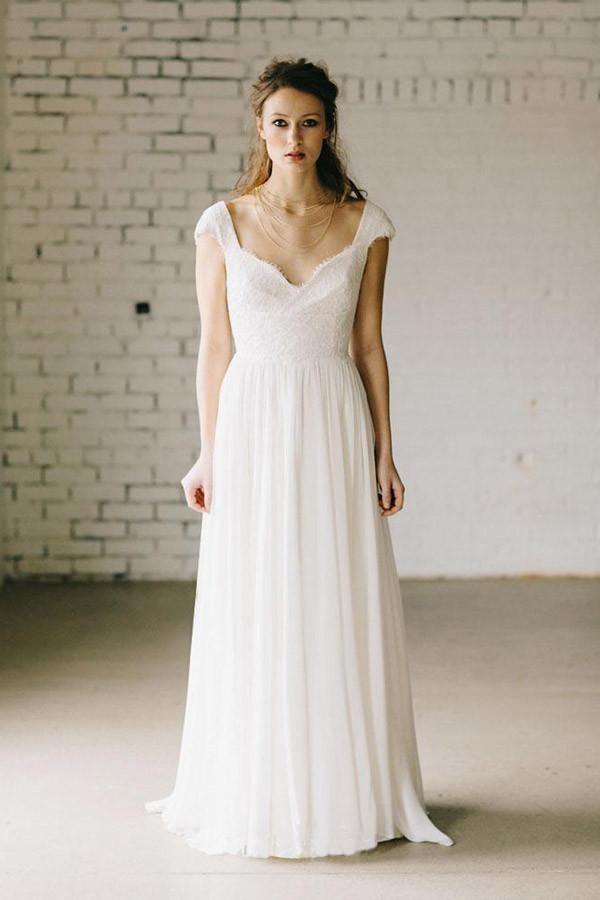 A-Line Ivory Lace Cap Sleeve Vintage Chiffon Wedding Dress WD069 US8 / Ivory A-Line Ivory Lace Cap Sleeve Vintage Chiffon Wedding Dress WD069 US8 / Ivory