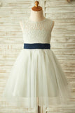 A-Line Jewel Knee-Length Open Back Light Grey Tulle Flower Girl Dress  FL03