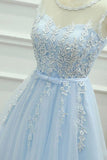 A-Line Jewel Short Blue Tulle Homecoming Dress with Sash Appliques PG121 - Pgmdress