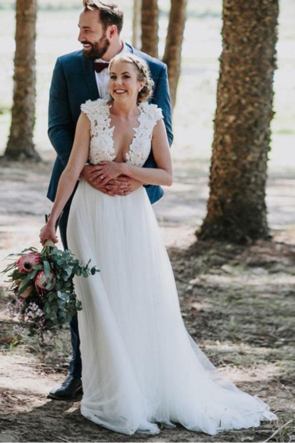 A-Line Jewel Sweep Train White Tulle Wedding Dress with Appliques US6 / White
