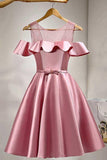 A-Line Knee-Length Cold Shoulder Pink Satin Homecoming Dress With Lace  PD121