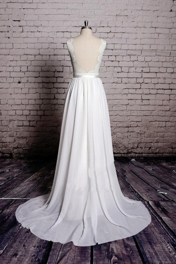 A-line Lace V-Neck Backless Sheath Long Wedding Dress WD058 - Pgmdress
