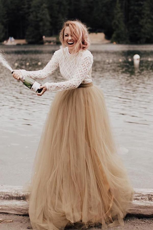 A-Line Long Sleeve Backless Princess Wedding Dress Bridal Gown WD484 US8 / Champagne A-Line Long Sleeve Backless Princess Wedding Dress Bridal Gown WD484 US8 / Champagne