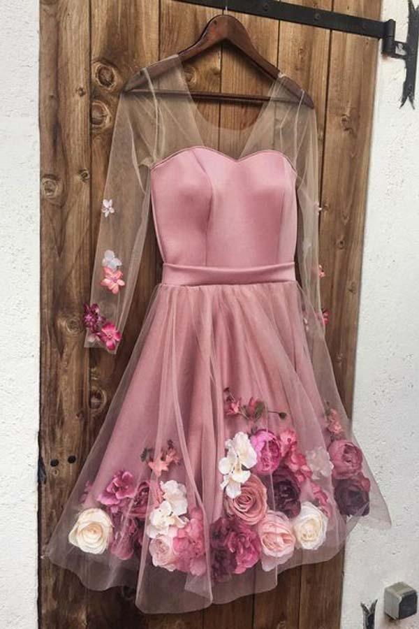 A Line Long Sleeves Short White Floral Prom Dresses Homecoming Dresses PD346 US16 / Pink A Line Long Sleeves Short White Floral Prom Dresses Homecoming Dresses PD346 US16 / Pink