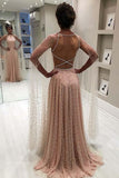 A-Linien-Abendkleid mit langen Ärmeln, Sweep-Zug und überkreuztem Rücken in Rosa, Abendkleid PG998