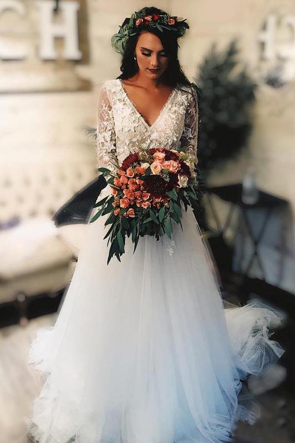 A-line Long Sleeves Tulle Wedding Dress With Lace Applique US2 / White