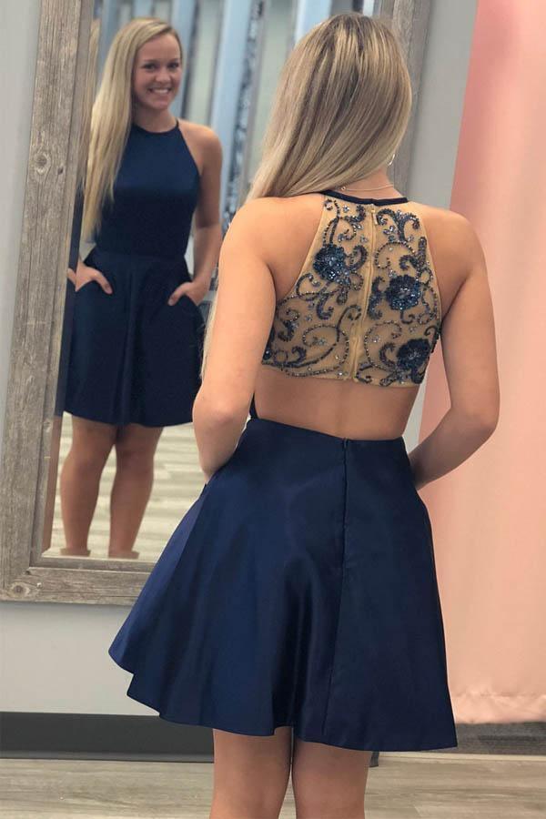 open lace back dress Navy Blue A-line Lace Appliques Short Homecoming Dress – Ohmollydress main image 0