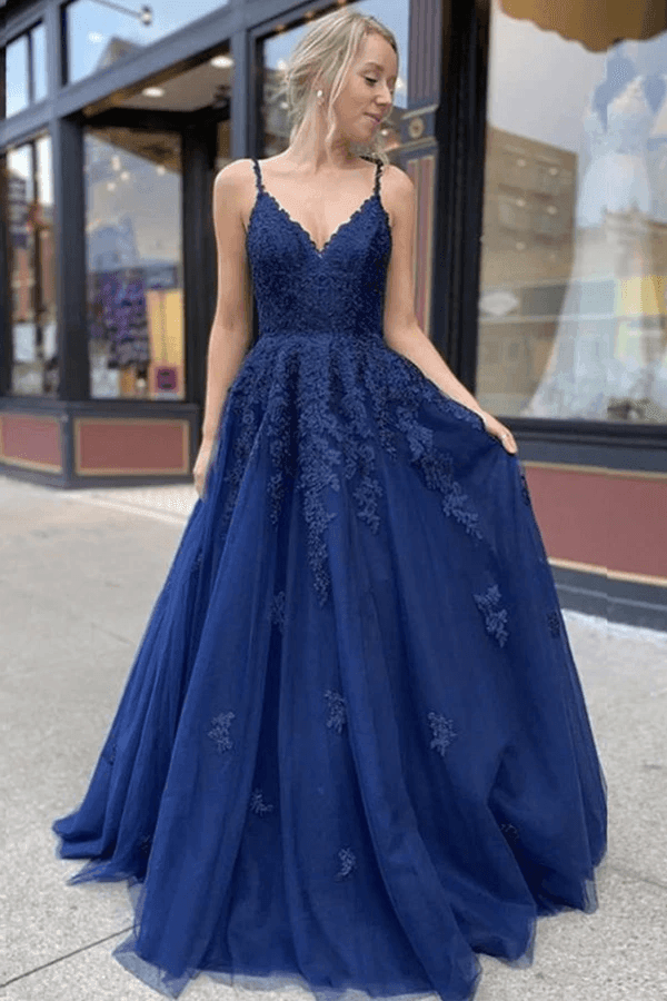 Vampal Royal Blue V-Neck A-Line Lace Applique Tulle Long Prom Dresses