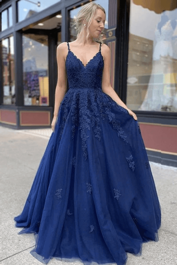 A line Navy Blue Tulle Lace Long Prom Dress Evening Dress Pgmdress