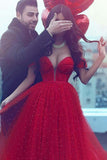A-Line Off-the-Shoulder Court Train Dark Red Tulle Prom Dress PG508 - Pgmdress