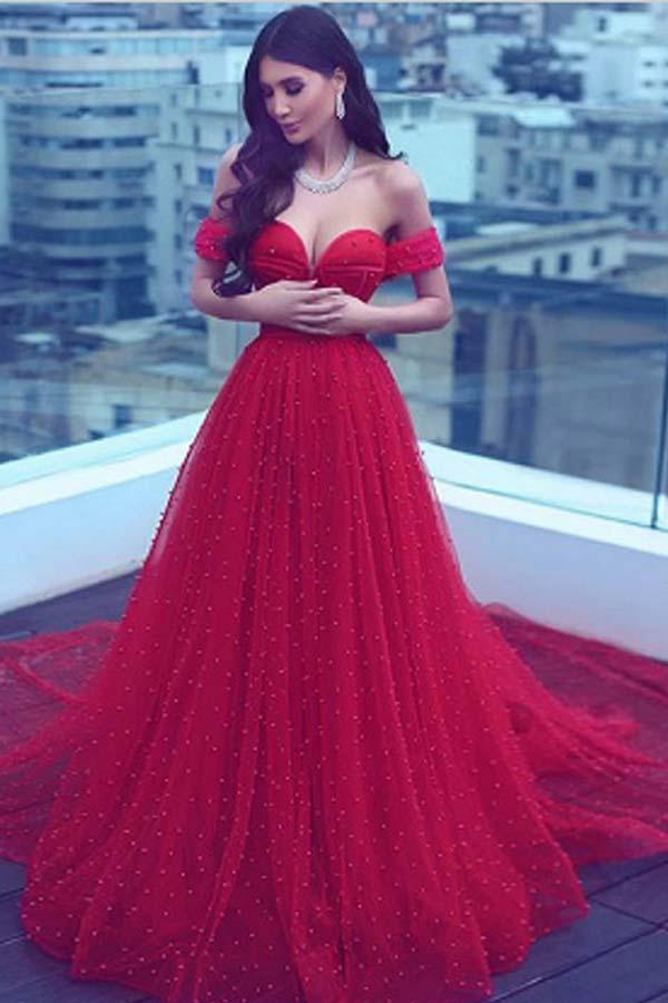 fitted lace wedding dress A-Line Off-The-Shoulder Court Train Dark Red Tulle Prom Dress PG508 US12 / Custom Color