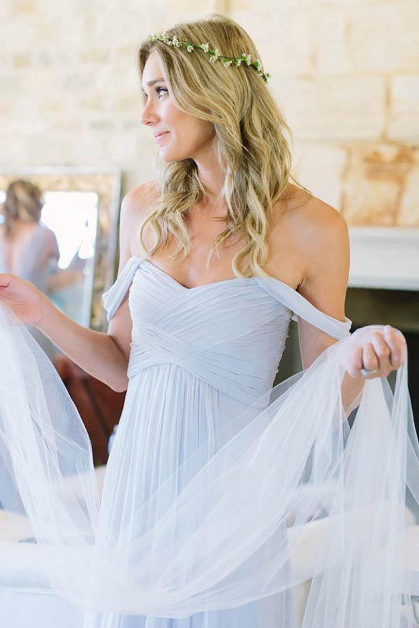 A-Line Off-the-Shoulder Floor-Length Light Blue Chiffon Bridesmaid Dress BD065 - Pgmdress