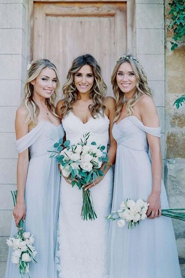 A-Line Off-the-Shoulder Floor-Length Light Blue Chiffon Bridesmaid Dress BD065 - Pgmdress