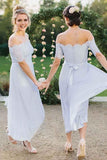 A-Line Off-the-Shoulder Light Blue Pleated Chiffon Bridesmaid Dress with Lace BD056 - Pgmdress