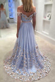 A-Line Off-the-Shoulder Light Sky Blue Tulle Prom Dress with Appliques PG816 - Pgmdress