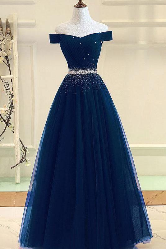A-Line Off The Shoulder Navy Blue Tulle Prom Dress with Beading PG737 US16 / Custom Color A-Line Off The Shoulder Navy Blue Tulle Prom Dress with Beading PG737 US16 / Custom Color