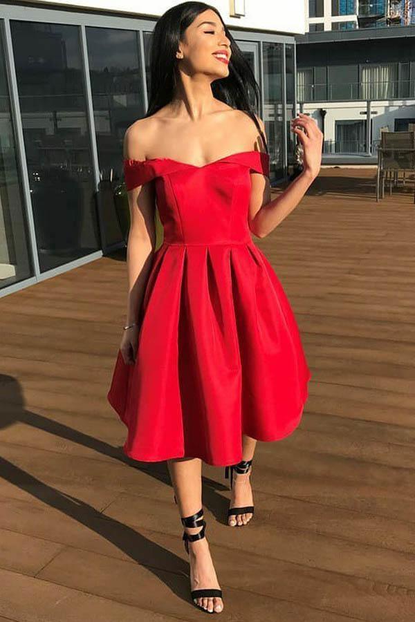 Red And Black Homecoming Dresses A-Line Off-The-Shoulder Pleated Red Satin Homecoming Dress US12 Red And Black Homecoming Dresses A-Line Off-The-Shoulder Pleated Red Satin Homecoming Dress US12