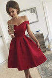 A-Line Off-the-Shoulder Pleated Red Satin Homecoming Dress PD313