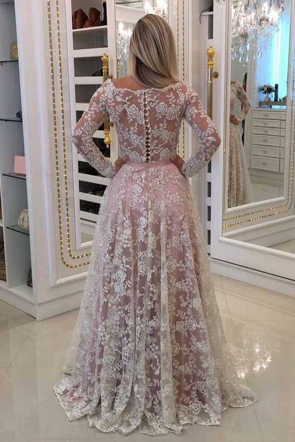 A-Line Off-the-Shoulder Prom Dress with Lace Appliques Sleeves PG535 - Pgmdress