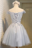 A-Line Off-the-Shoulder Short Sleeveless Grey Tulle Homecoming Dress PD139 - Pgmdress
