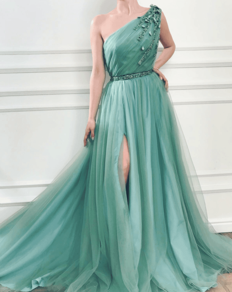 A-line One Shoulder Jungle Tulle Split Prom/Formal Dresses With Beading PG955 - Pgmdress