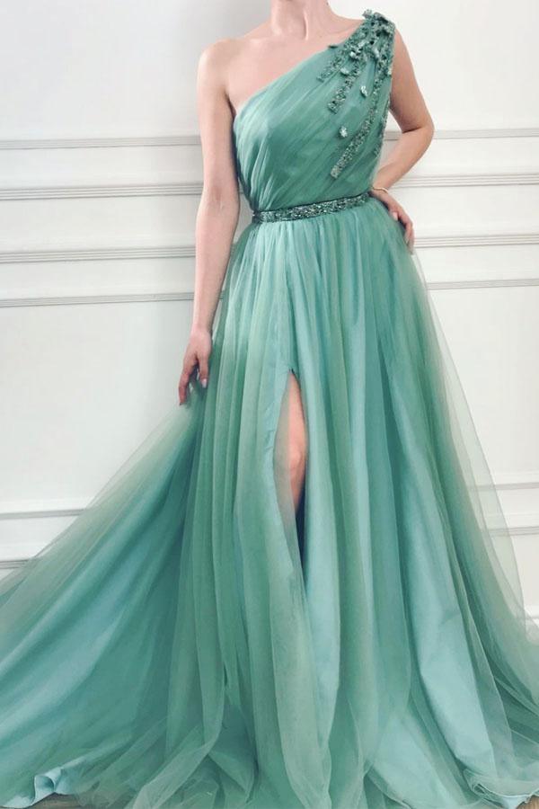 A-line One Shoulder Jungle Tulle Prom Dress With Beading PG955 Pgmdress A-line One Shoulder Jungle Tulle Prom Dress With Beading PG955 Pgmdress