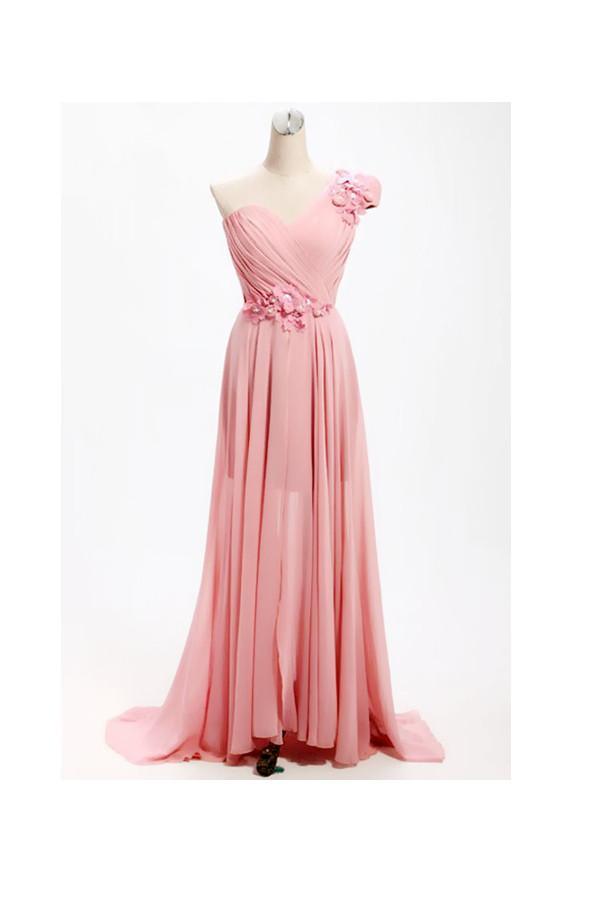 A-line One Shoulder Long Chiffon Bridesmaid Dress with Flowers BD017 - Pgmdress