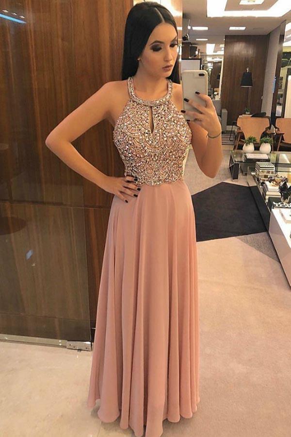 A-Line Pink Chiffon Halter Backless Prom/Evening Dress With Beading PG949 - Pgmdress