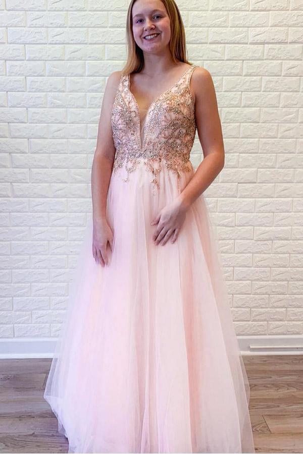 A-Line Pink Tulle V-neck Backless Beading Crystal Prom Dress PSK151 US12 / Pink A-Line Pink Tulle V-neck Backless Beading Crystal Prom Dress PSK151 US12 / Pink