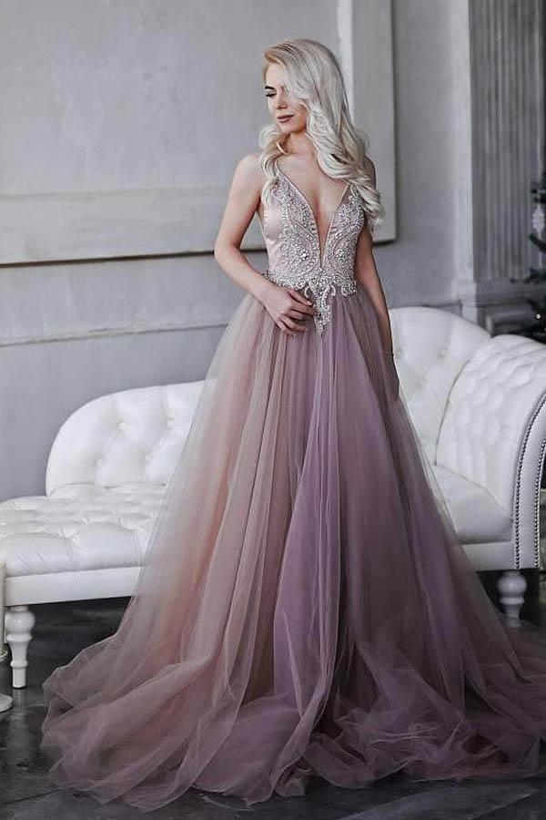 A-Line Princess Spaghetti Straps Sweep Train Prom Dress with Appliques PG787 - Pgmdress